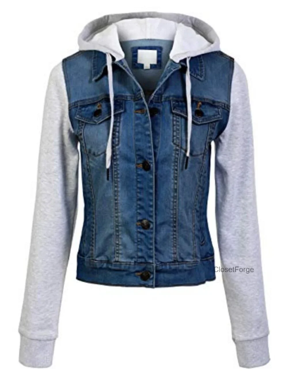 Classic Hooded Denim Jacket with Button Closure & Chest Pockets